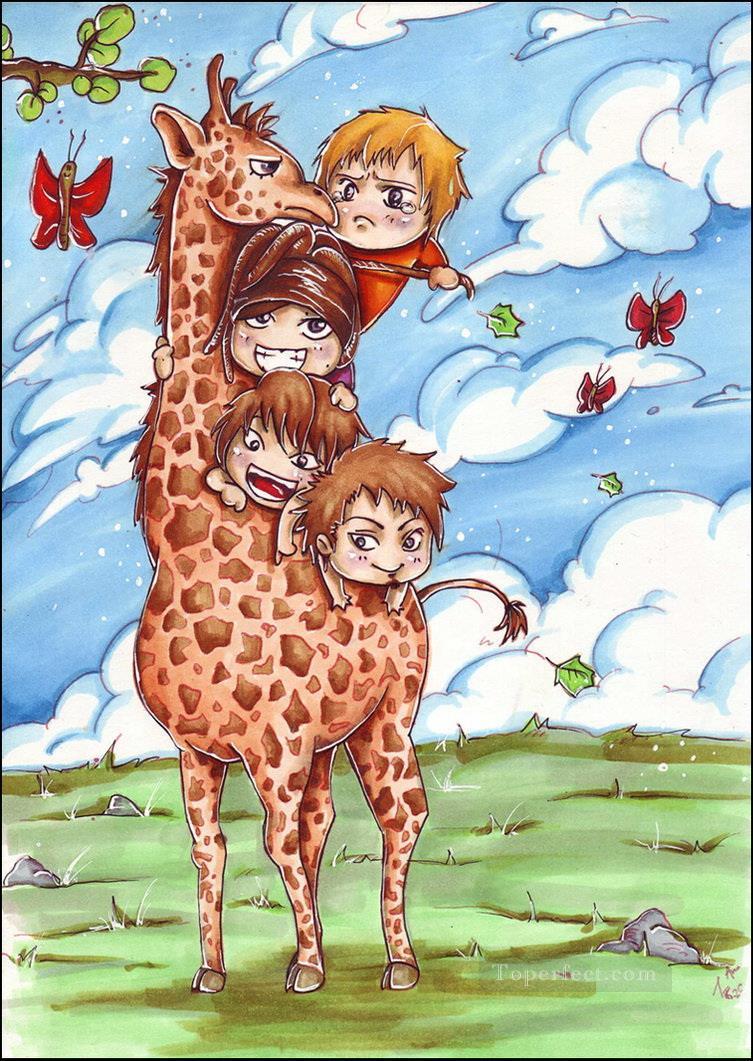 kids giraffe riding Oil Paintings